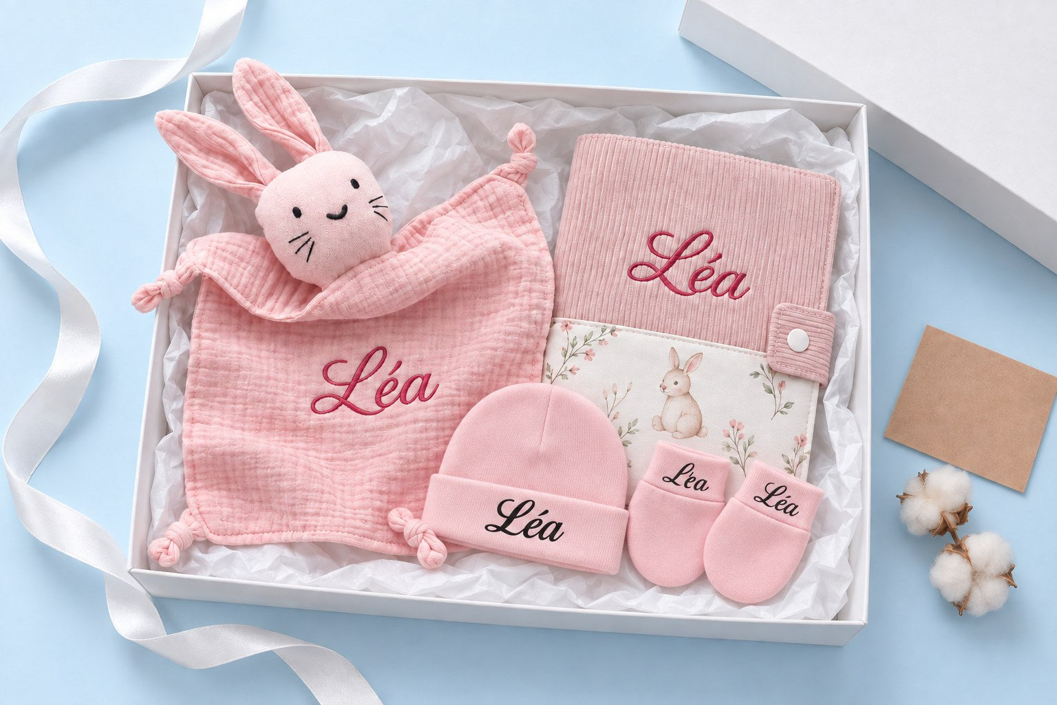 Trousseau de naissance brodé au prénom Léa : doudou lapin, protège carnet de santé, bonnet et moufles dans sa boîte cadeau