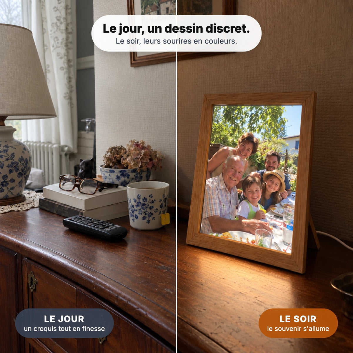 Le même cadre le jour, éteint : la photo en dessin, et le soir, allumée en couleurs