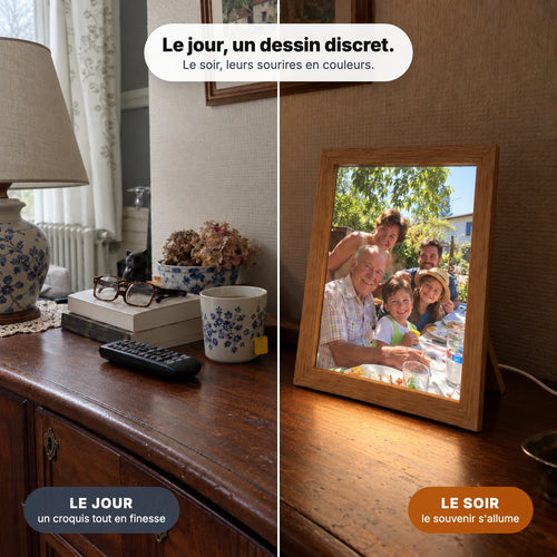 Le même cadre le jour, éteint : la photo en dessin, et le soir, allumée en couleurs
