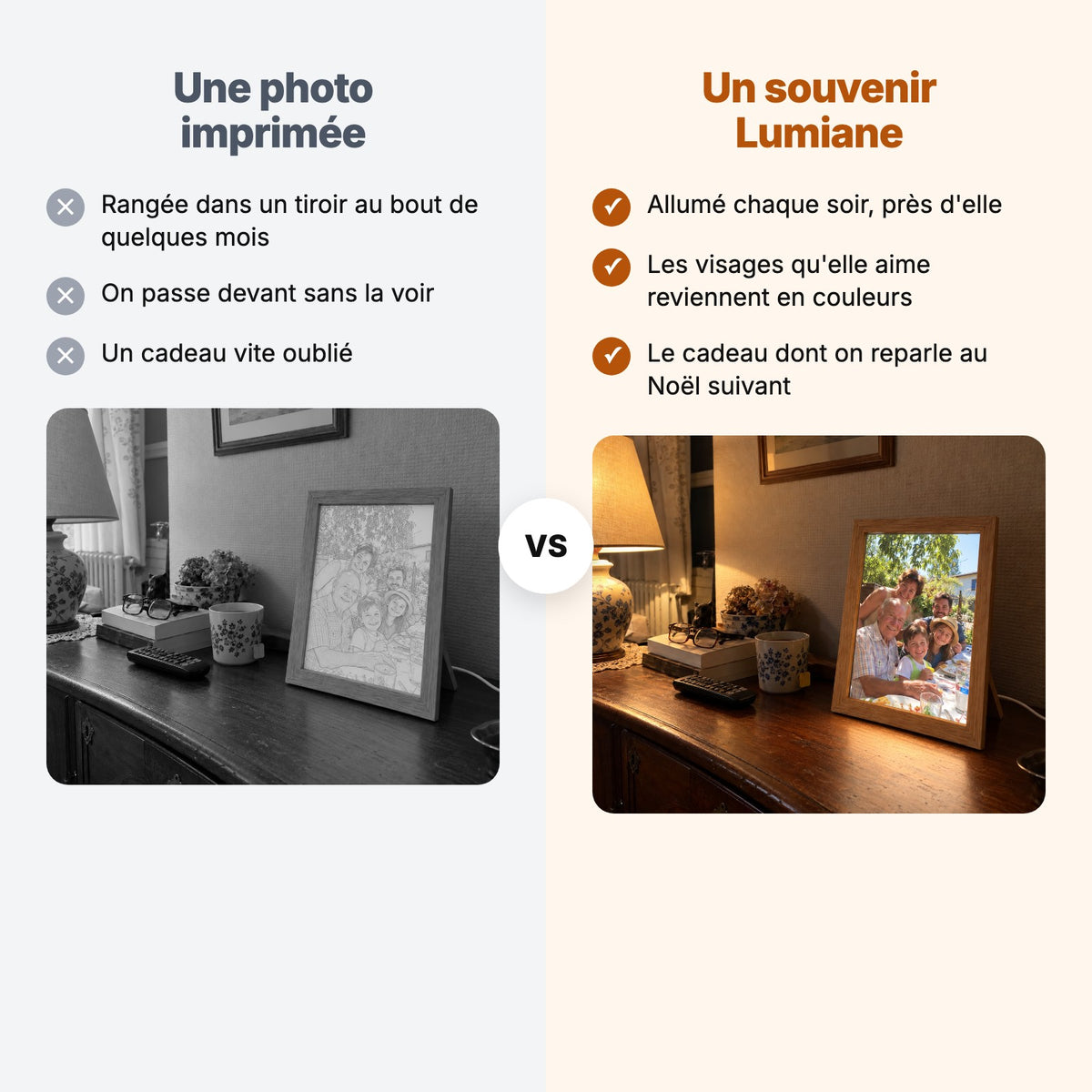 Une photo imprimée comparée à un souvenir Lumiane allumé chaque soir