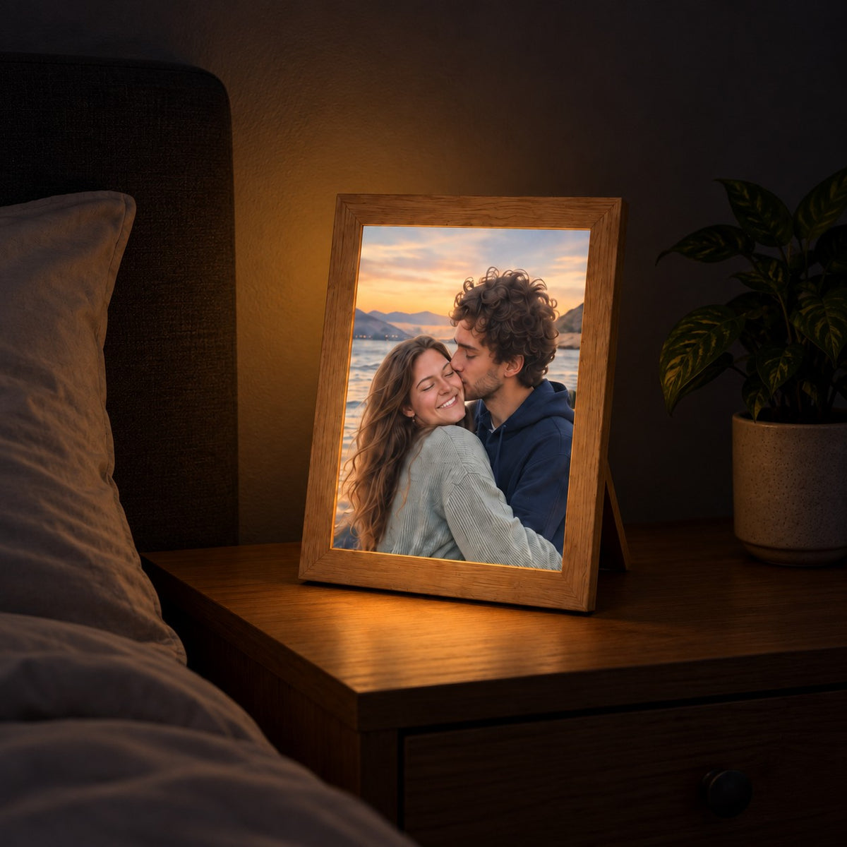 Le cadre lumineux Lumiane allumé sur une table de nuit, photo de couple en couleurs