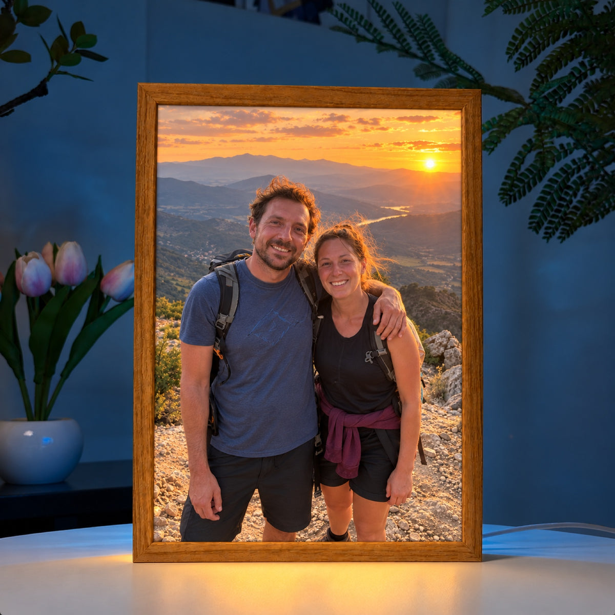 Le cadre Lumiane allumé le soir : la photo de randonnée apparaît en couleurs et éclaire la table