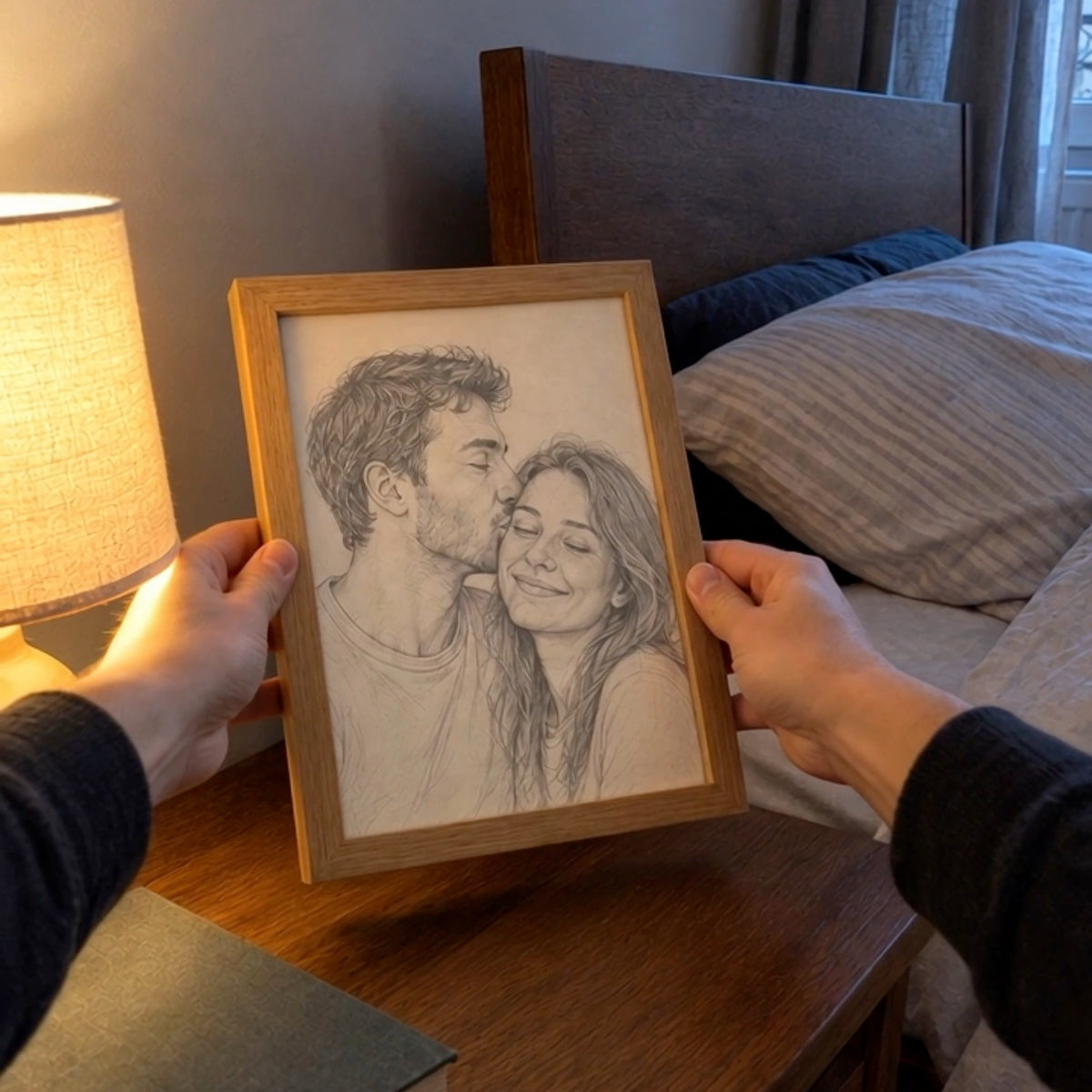 Le cadre lumineux éteint, tenu à la main dans une chambre, la gravure au trait visible
